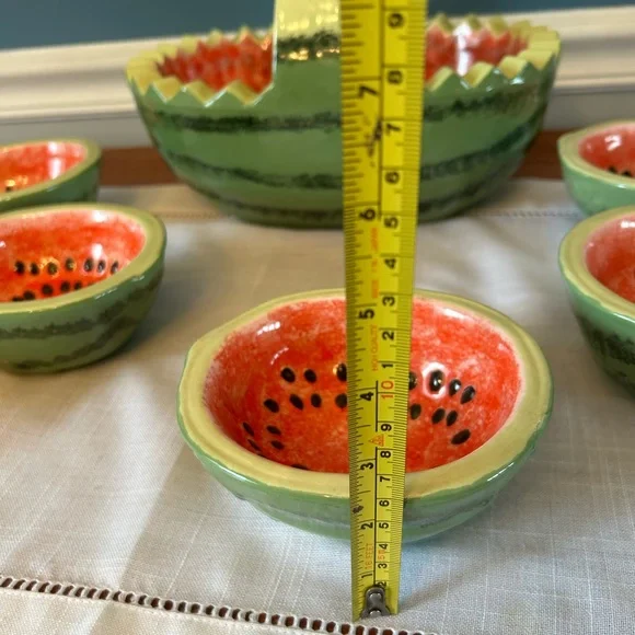 Vintage Hand Painted Watermelon Ceramic Serving Bowl & 6 Bowls Set - Picture 3 of 5